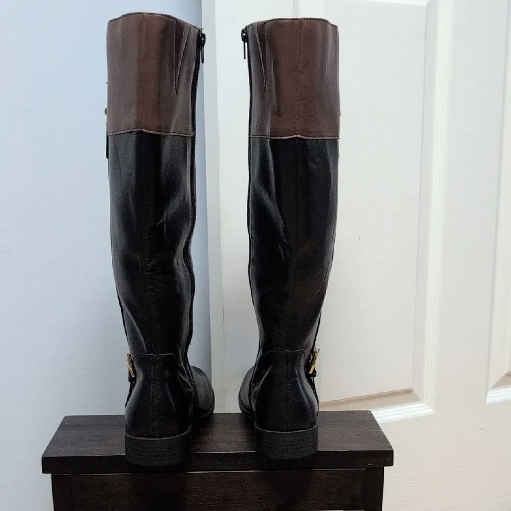 Karen Scott Eden Two Tone Black/Brown Fabric Lined Low Block Riding Boots Sz 8.5